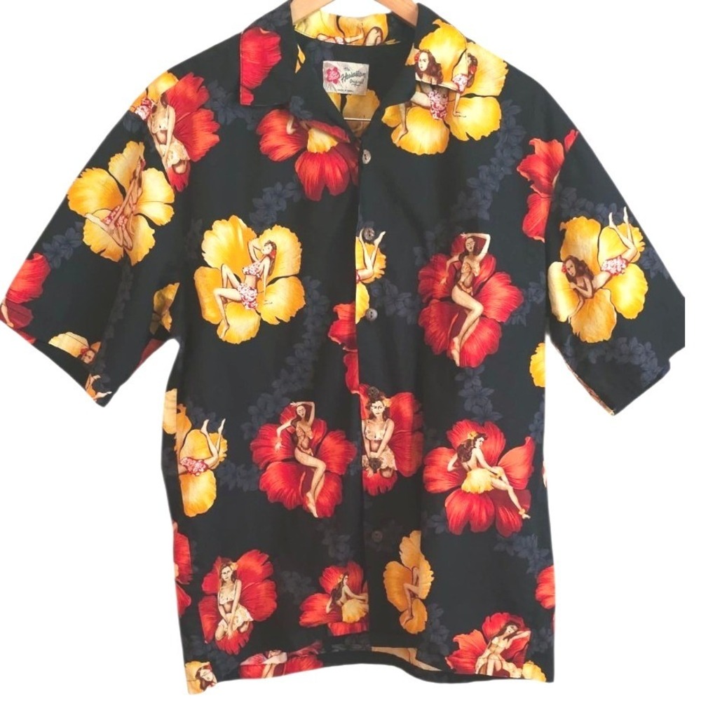 Hilo Hattie Colorful Hawaiian Pinup Babes Floral Camp Shirt Coconut Buttons Sz L